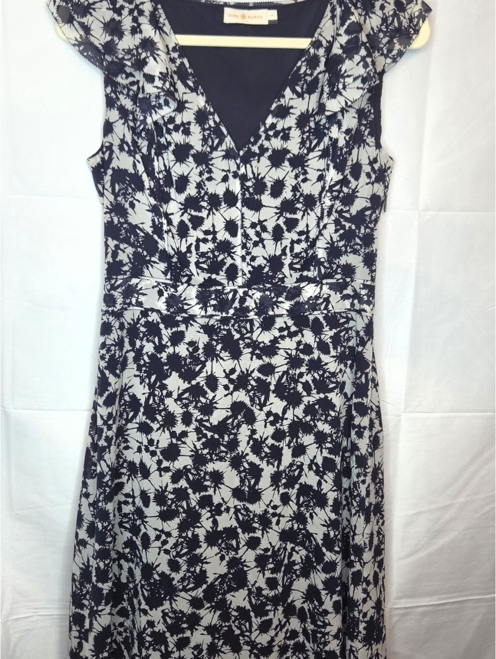 Tory Burch Sapphire Blue Thistle ruffle V-neck Blue and White Silk Midi Dress